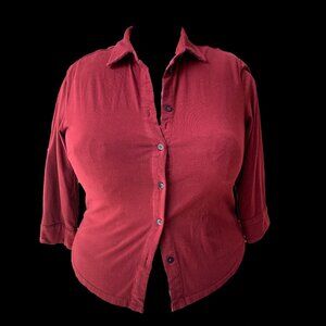 Eshakti burgundy knit Button-Down Blouse with 3/4 sleeves